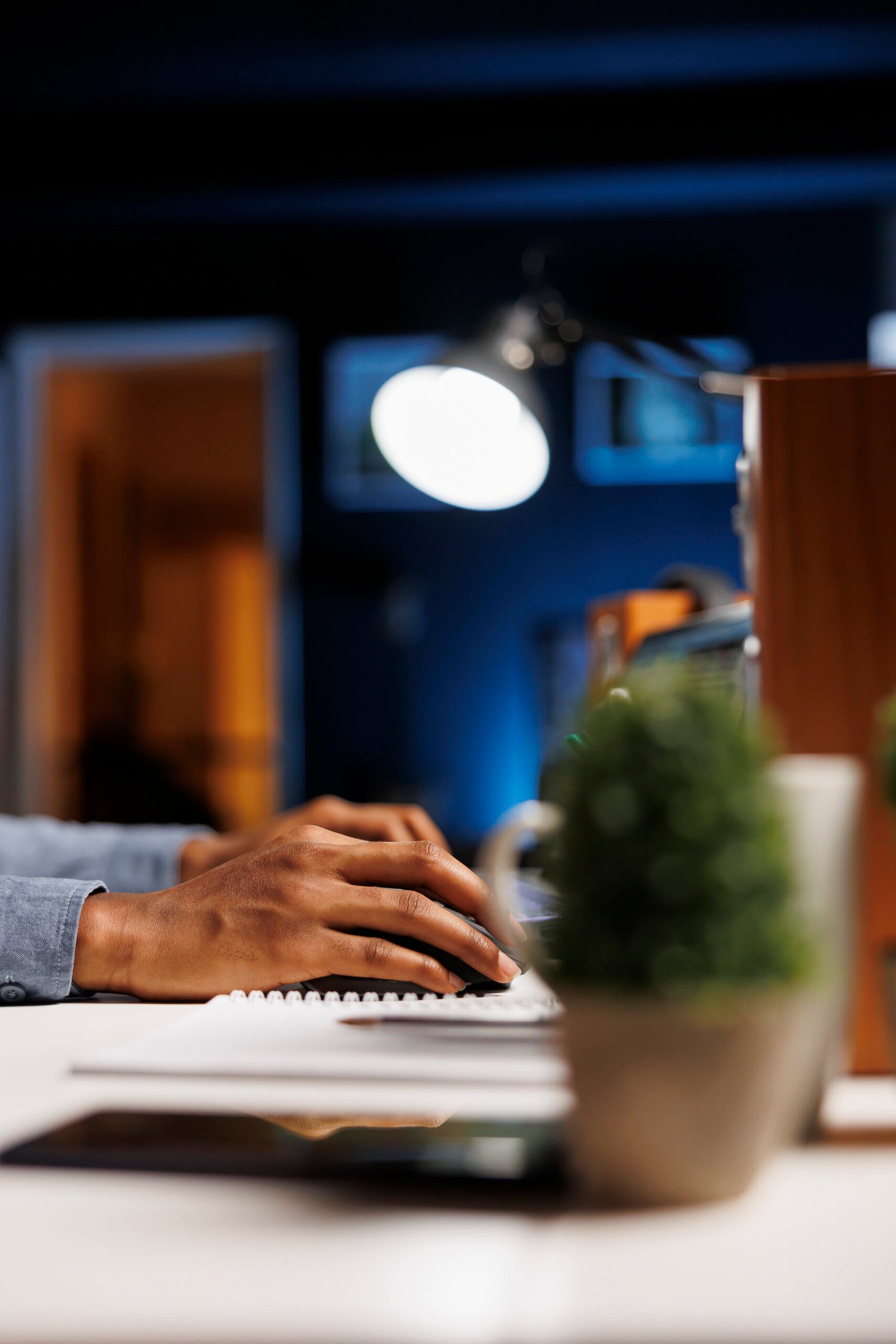 Developer attending online e learning class at home desk, studying financial management on webinar program. Young adult doing internet training plan for exam practice. Close up.